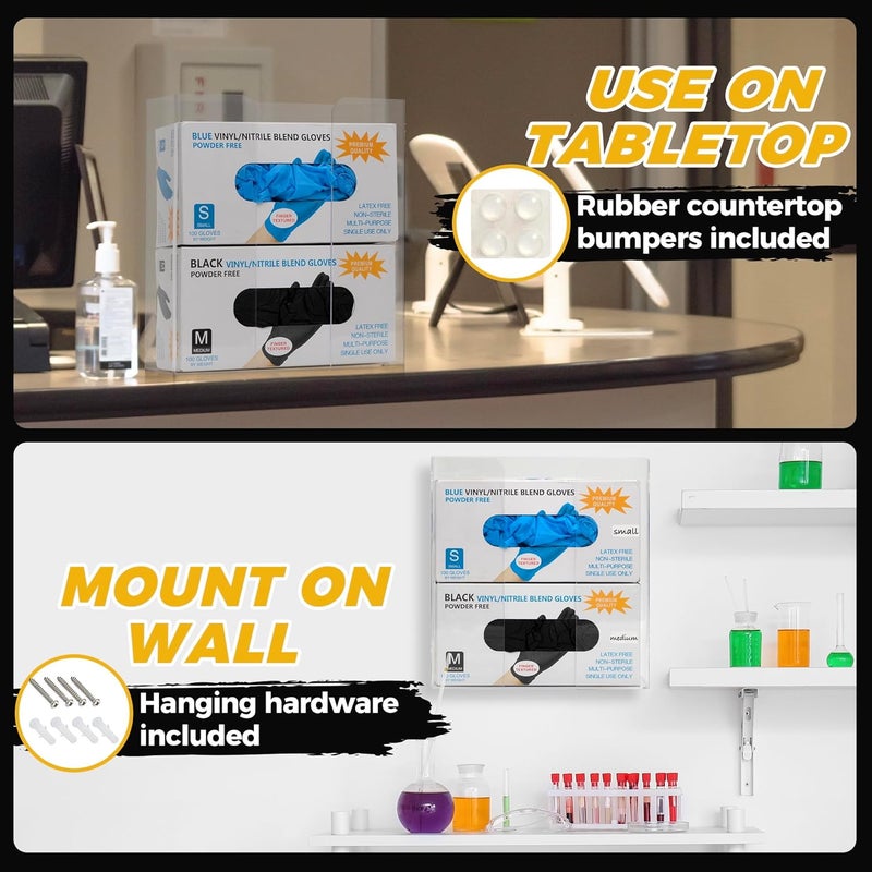 Storage Standard Double Glove Box Holder Dispenser - Kitchen, Medical, & Latex Gloves Holder Wall Mount or Countertop, Universal Fit - Thick Acrylic, Easy to Use, Slide, & Load Open Top Design - Clear - Image 2